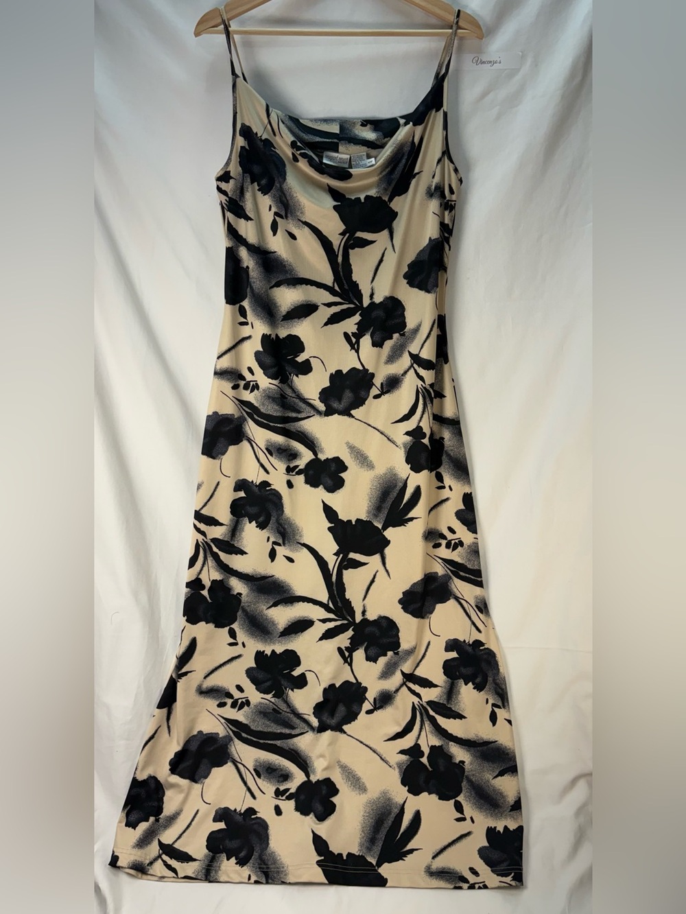 Vintage Newport News Floral Slip Dress Cream Black Cowl Neck Midi 90s - Picture 4 of 5